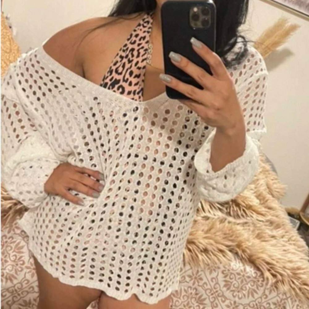 Boho hollow cut Knit Crochet Top beach vacation white - Picture 3 of 8